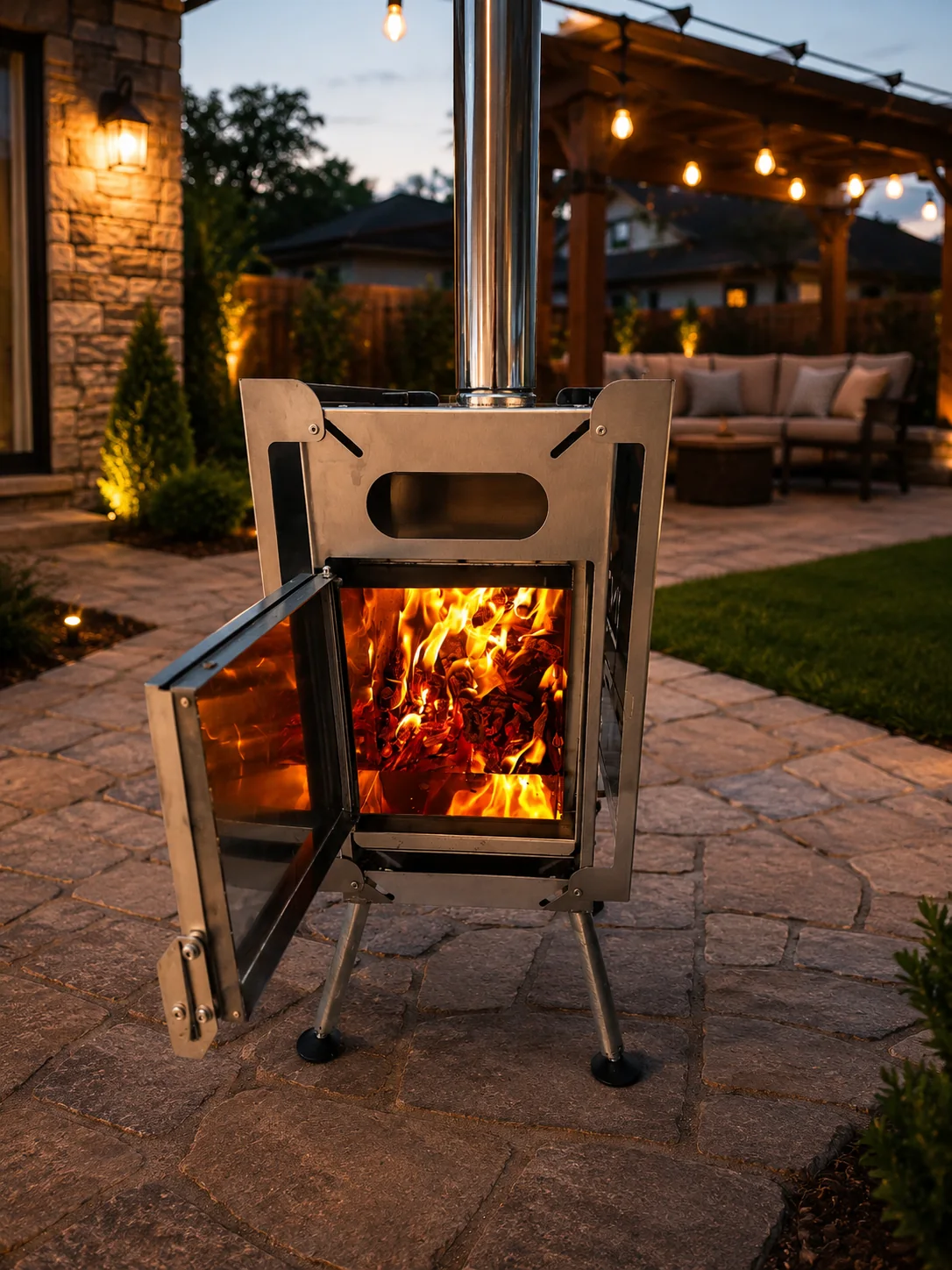 Wood-fired stove burning outdoors